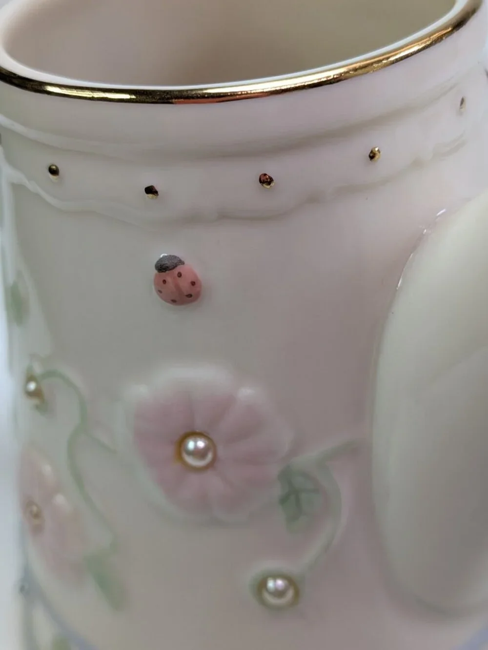 Lenox Porcelain Miniature Bird Watering Can Floral Pearl Glaze Gold Trim